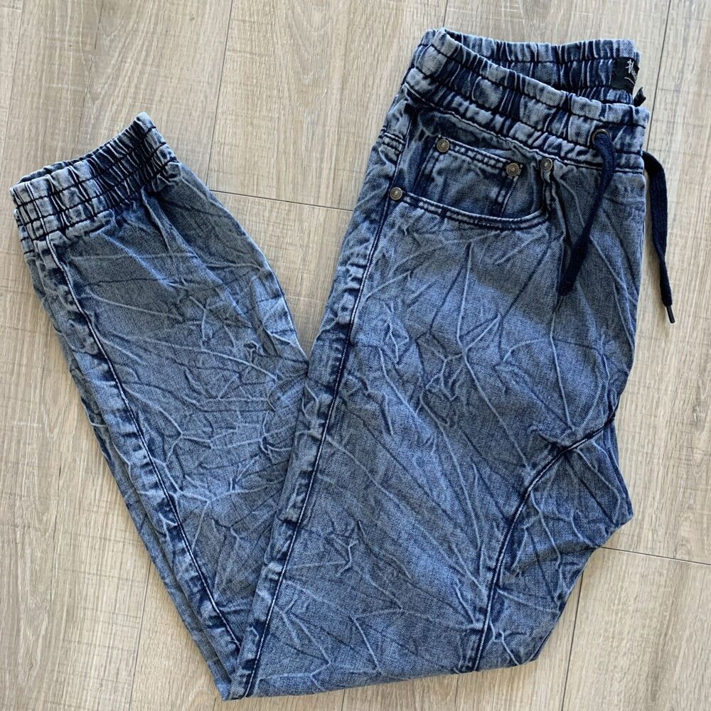 Bleecker & Mercer Jogger Denim Jeans Drawstring Waist Acid Wash Blue Mens 34x32